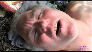 The slut sees two old men fucking in the open countryside and joins them